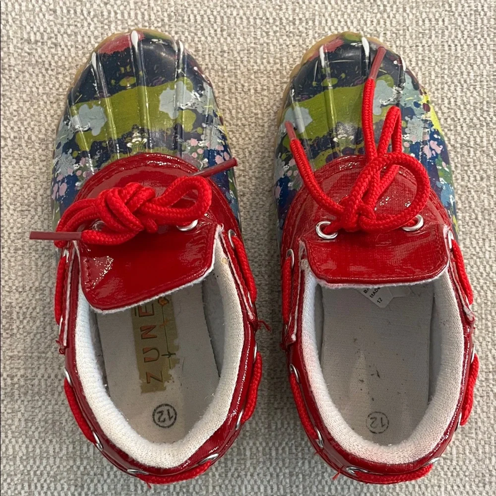 Kids Red Duck Boots with Multicolor Splash Toe